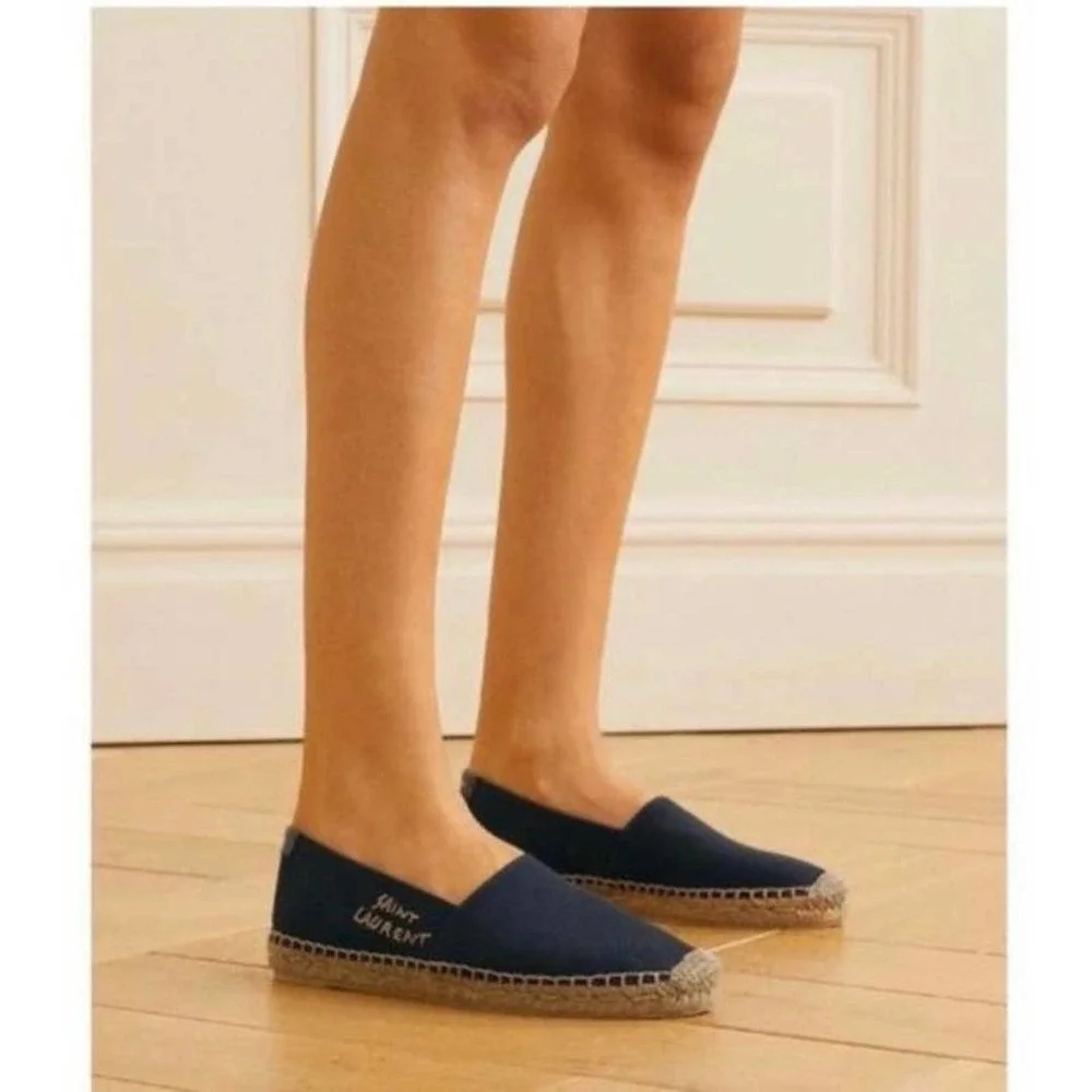 SAINT LAURENT logo embroidered canvas espadrilles flats